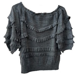 3.1 PHILLIP LIM Tiered Ruffle Wool Blend Top Grey XS Wide Scoop Neck 1/2 Sleeve.
